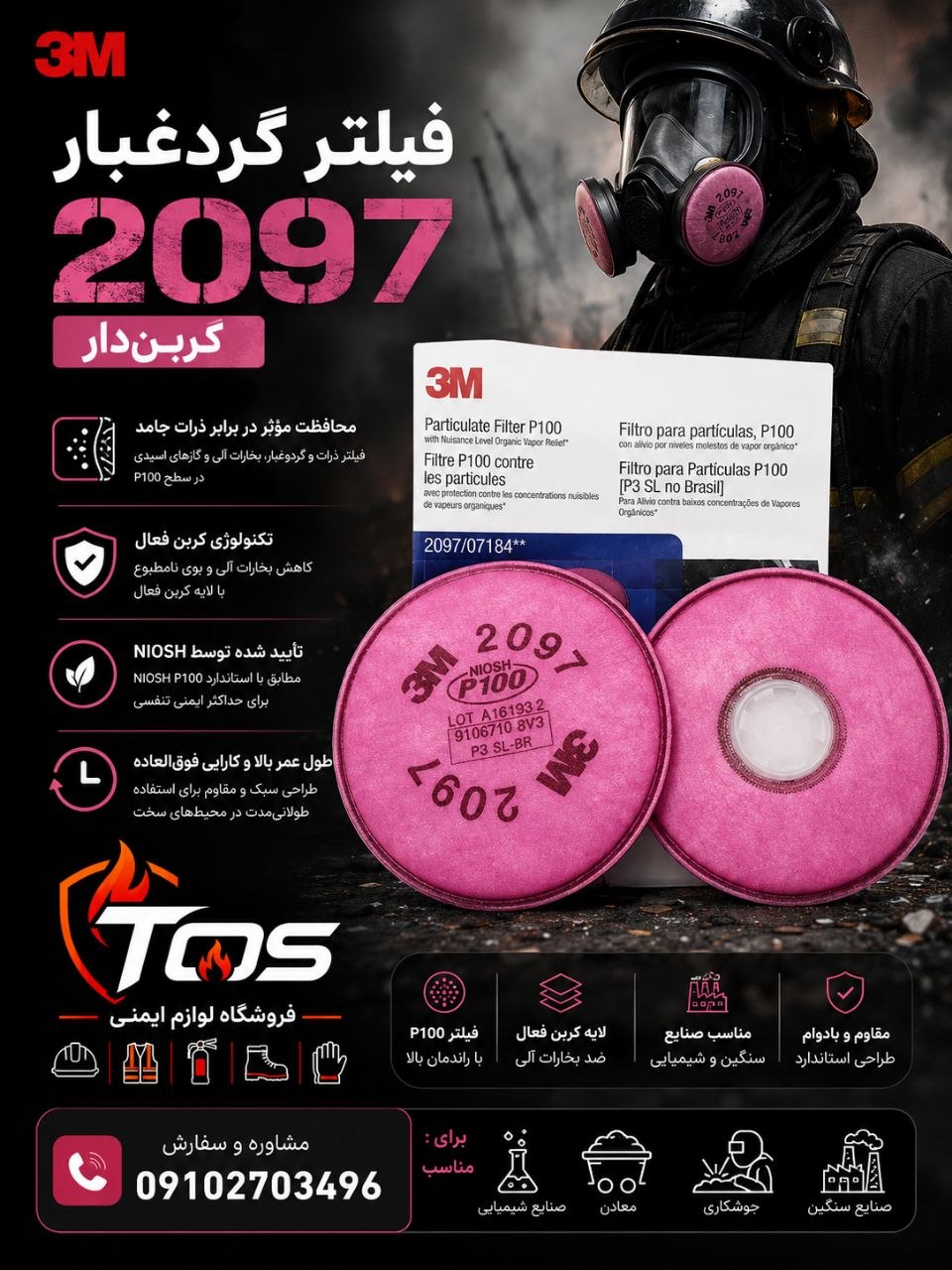 فیلتر 3M مدل 2097 P100 | فیلتر ذره‌گیر ماسک نیم‌صورت و تمام‌صورت
